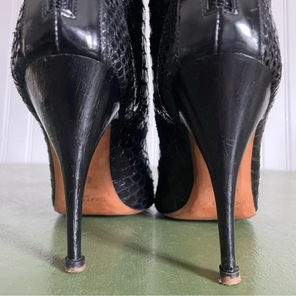Jimmy Choo Patent Lace Spike Heeled Open Toe Booties in Black Python